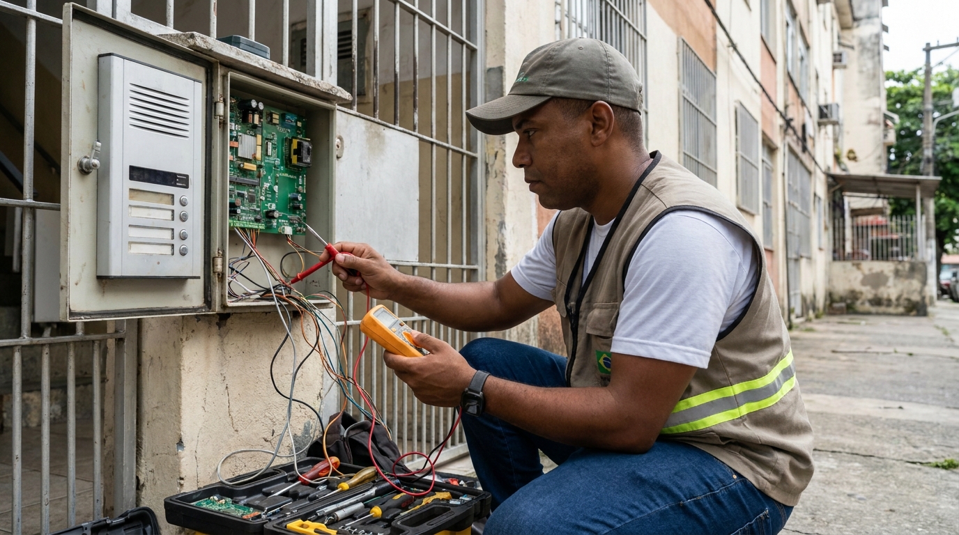 Eletricista consertando interfone em Barueri‑SP