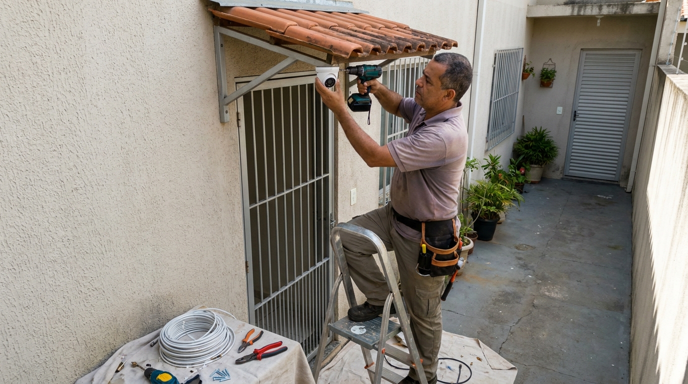 Eletricista instalando cameras de seguranca em Barueri‑SP