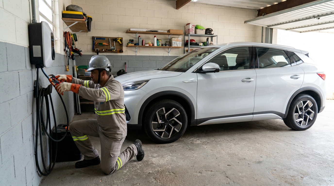 Eletricista instalando carregador de carro eletrico em Barueri‑SP
