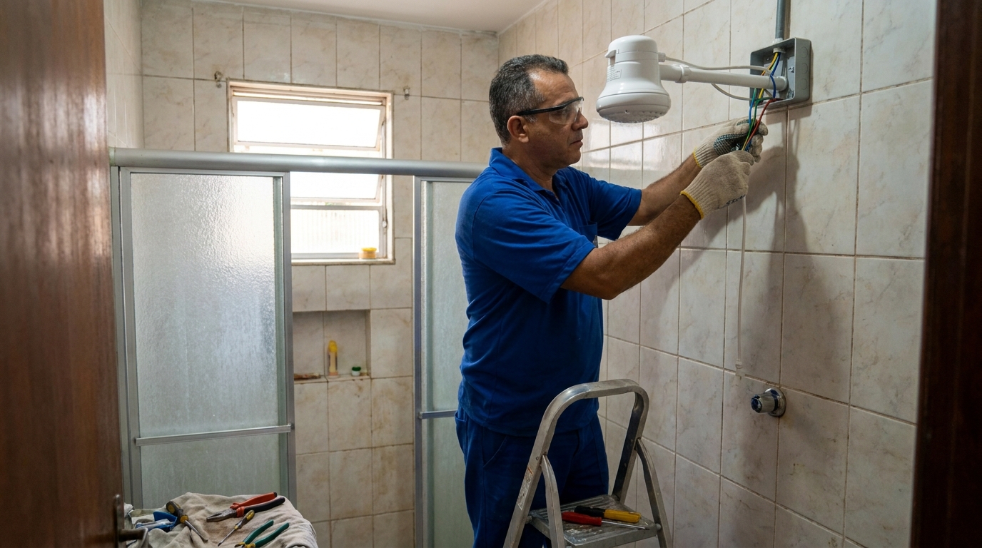 Eletricista instalando chuveiro eletrico em Barueri‑SP