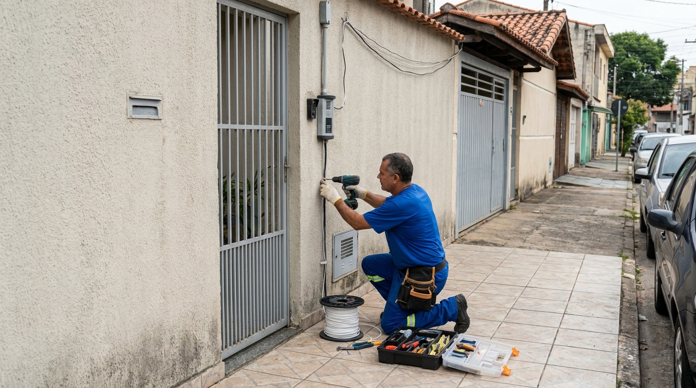 Eletricista instalando interfone em Barueri‑SP