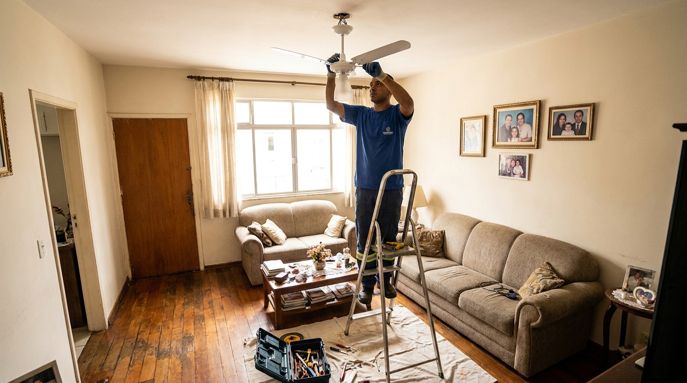 Eletricista instalando ventilador de teto em Barueri‑SP